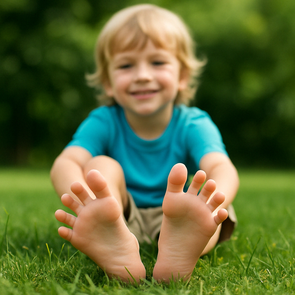 A child sitting barefoot on grass